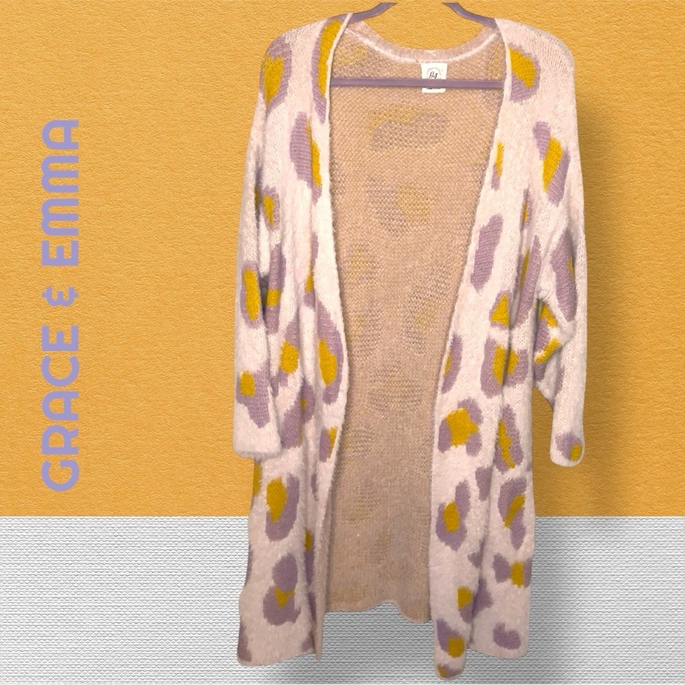 🌺Grace & Emma fluffy cheetah cardigan-Purple & Mustard